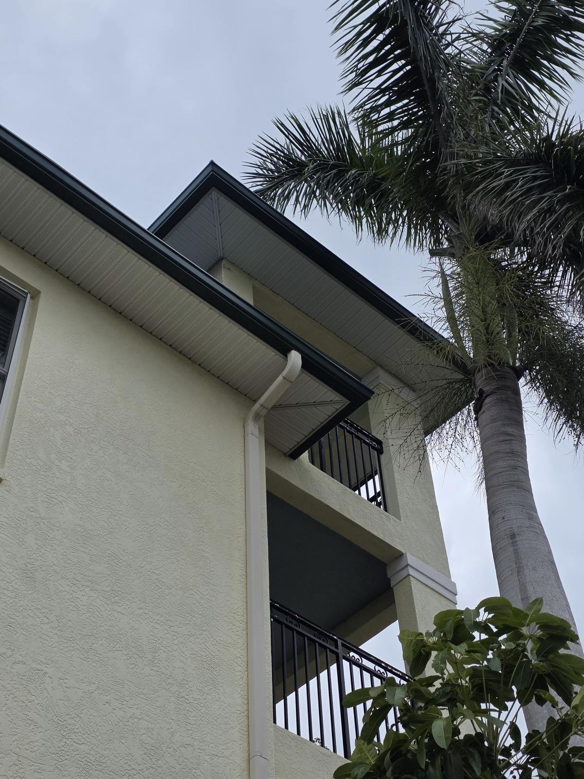 White gutters and downspout on a two-story home with palm trees